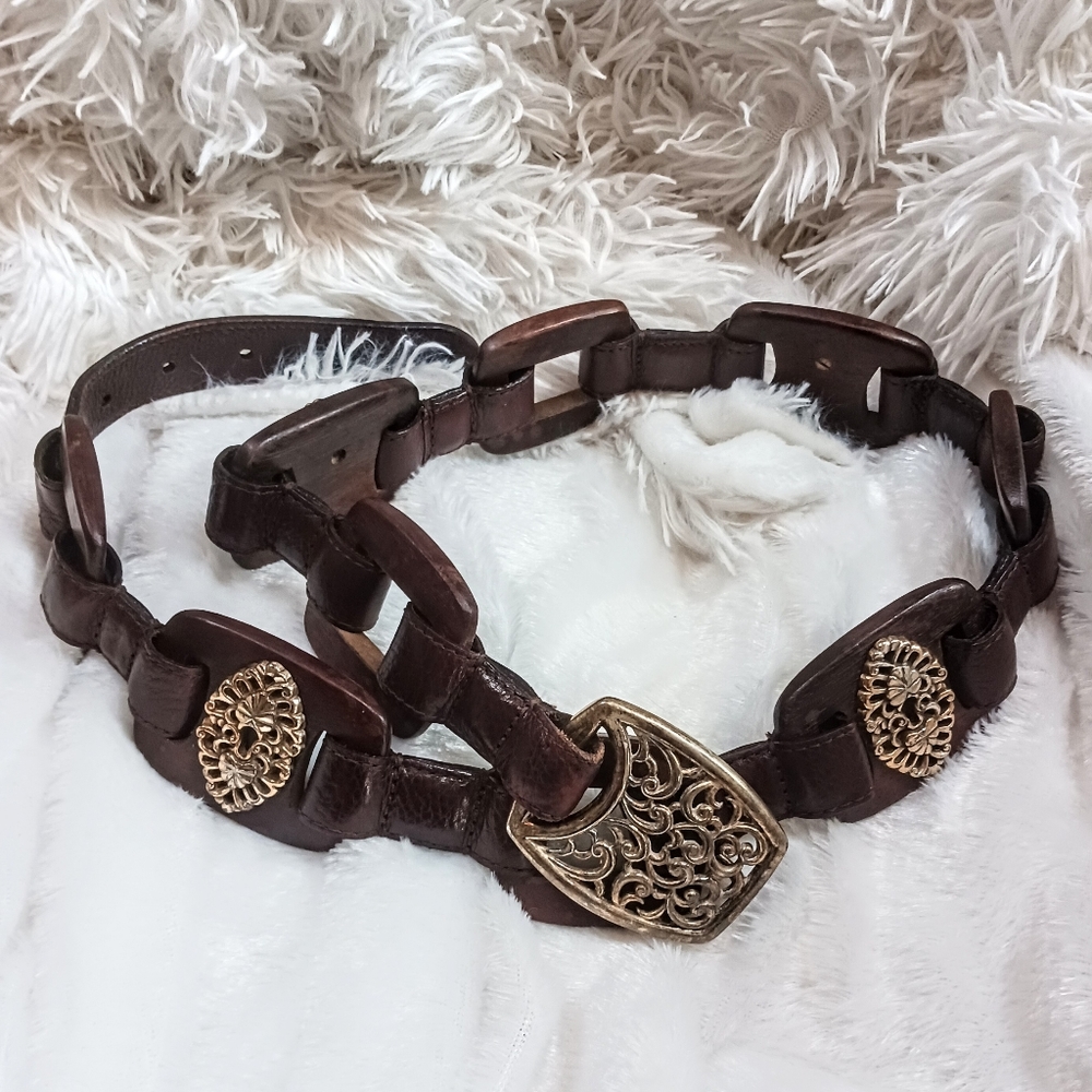 Vintage Brighton Leather Belt Size Large Leather Wood Silver Sections